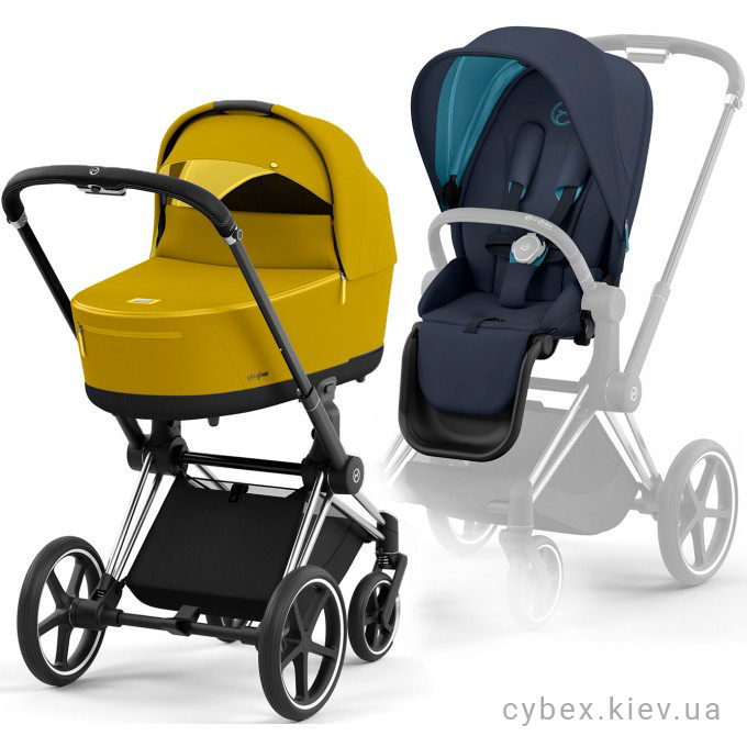 Cybex Priam 4.0 коляска 2 в 1 люлька Mustard Yellow прогулянка Plus Midnight Blue шасі Chrome Black