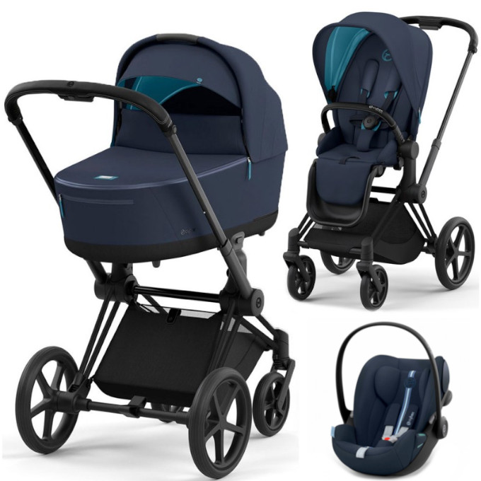 Cybex Priam 4.0 коляска 3 в 1 люлька Nautical Blue прогулянка Plus Midnight Blue шасі Matt Black