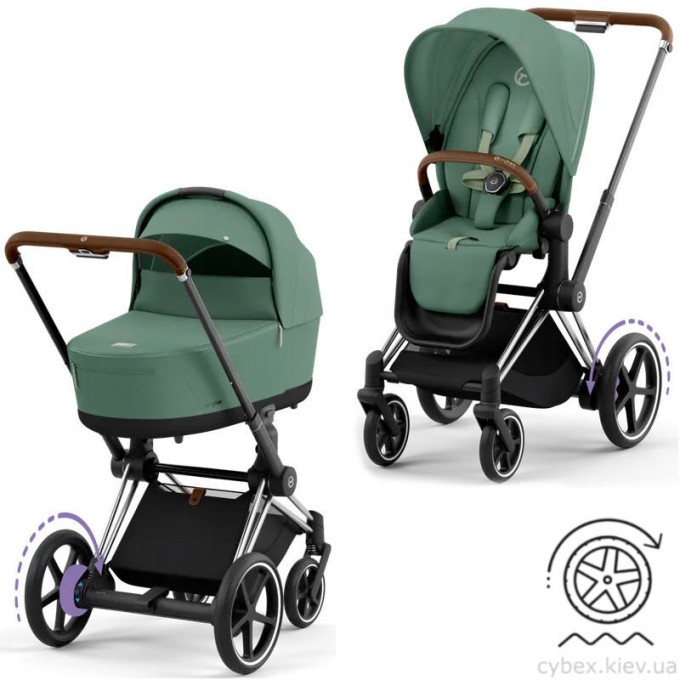 Коляска Cybex e-Priam 2 в 1 Leaf Green шасі Chrome Brown з електроприводом