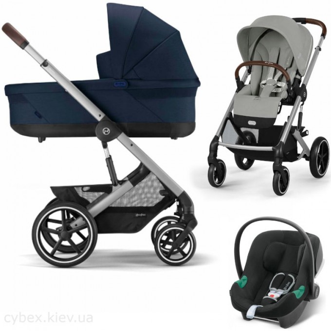 Cybex Balios S Lux 3 in 1 stroller Stone Grey carrycot Ocean Blue car seat Aton B2 i-Size Volcano Black
