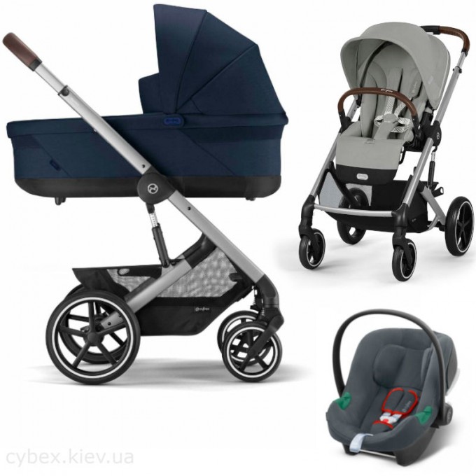 Cybex Balios S Lux 3 in 1 stroller Stone Grey carrycot Ocean Blue car seat Aton B2 i-Size Steel Grey