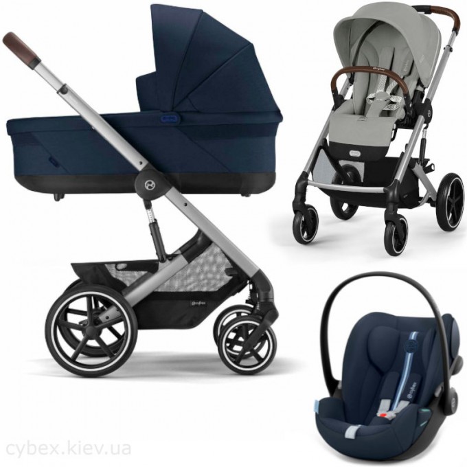 Stroller Cybex Balios S Lux 3 in 1 Stone Grey carrycot Ocean Blue and Cloud G plus Ocean Blue car seat