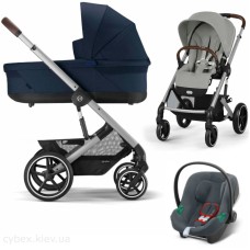 Cybex Balios S Lux 3 in 1 stroller Stone Grey carrycot Ocean Blue car seat Aton B2 i-Size Steel Grey