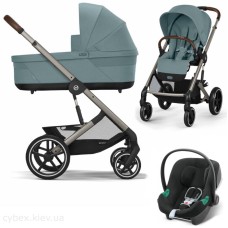 Cybex Balios S Lux 3 in 1 stroller Stormy Blue car seat Aton B2 i-Size Volcano Black