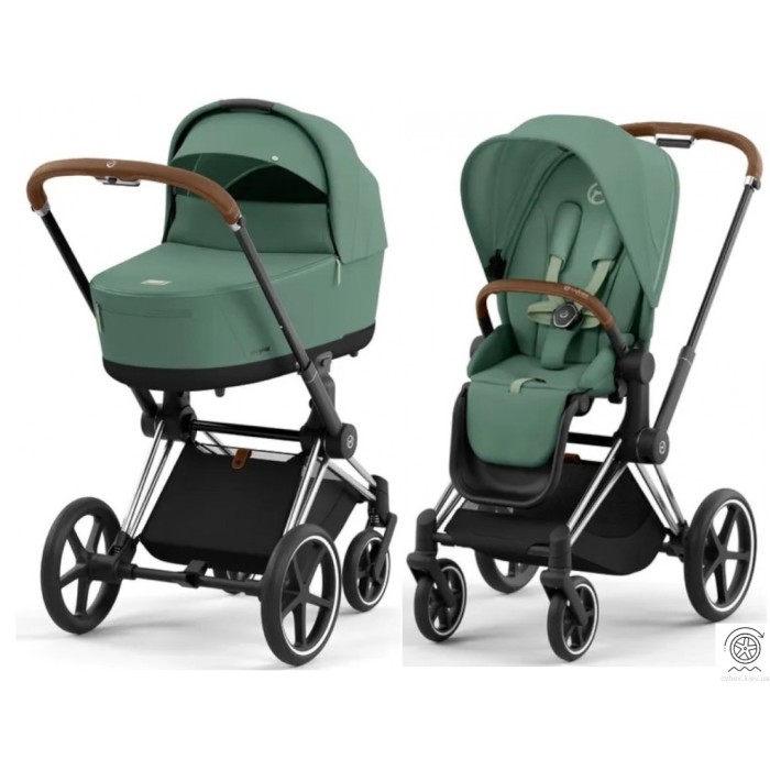 Коляска Cybex e-Priam 2 в 1 Leaf Green шасі Chrome Brown з електроприводом