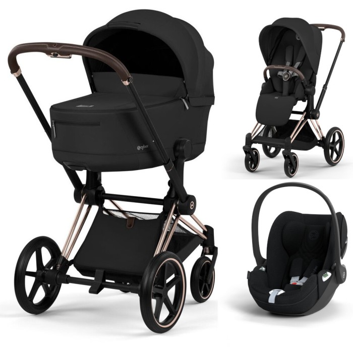 Cybex Priam 3 in 1 Sepia Black Comfort Collection Rosegold 5.0 chassis Cloud T Plus car seat